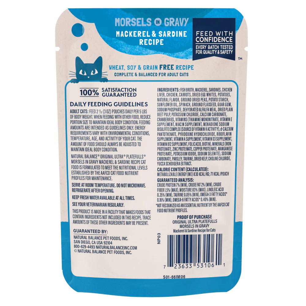 Natural Balance Original Ultra Platefulls Mackerel & Sardine Recipe Morsels in Gravy Wet Cat Food Pouches - Image 3
