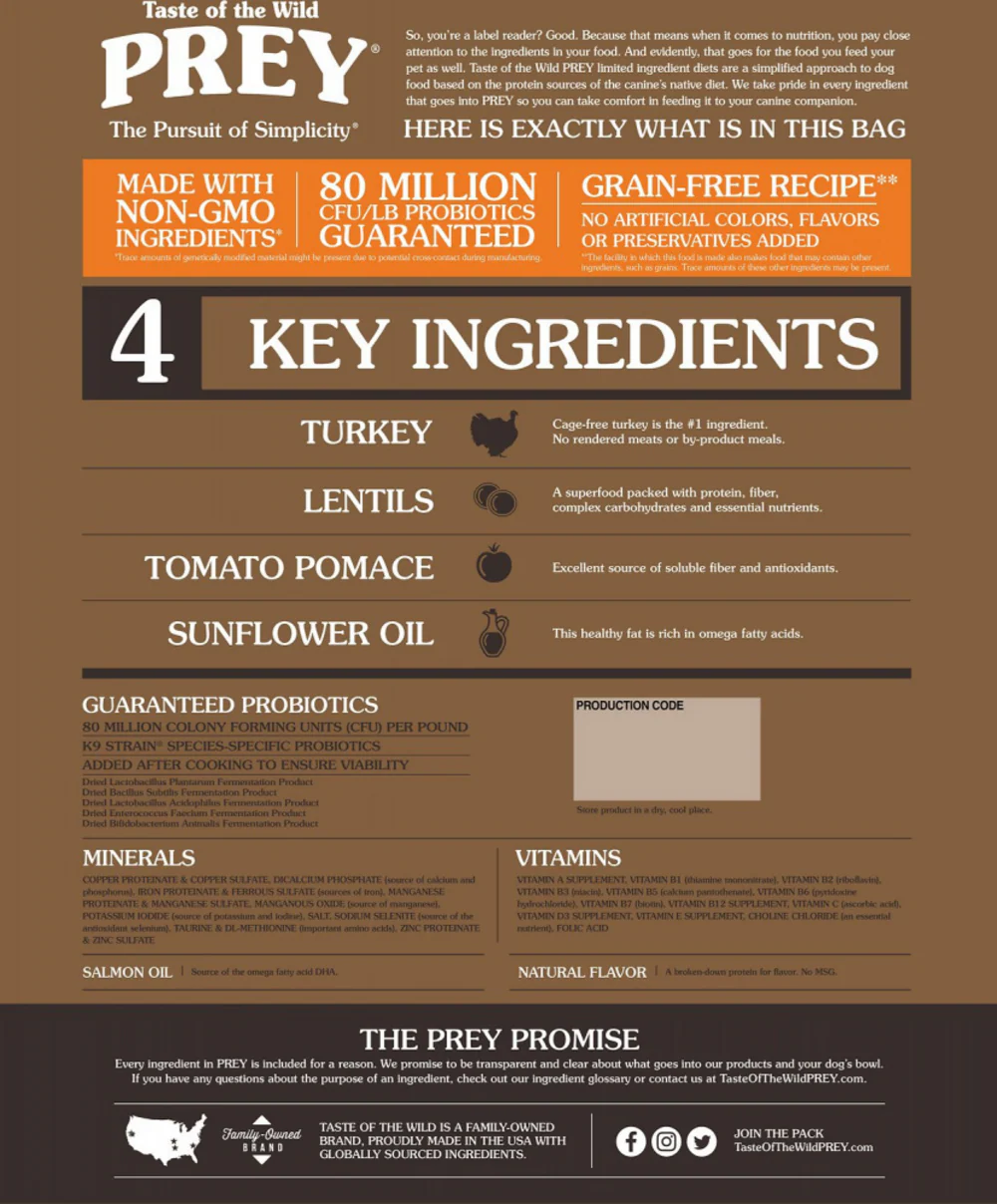 Taste Of The Wild Grain Free Prey Limited Ingredient Turkey Dry Dog Food - Image 2
